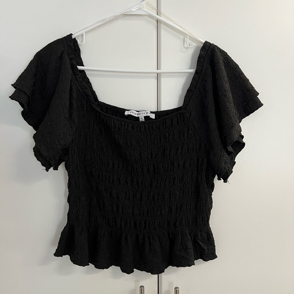 Celebrity Pink Black Flutter Sleeve Smocked Blouse Sz  XL